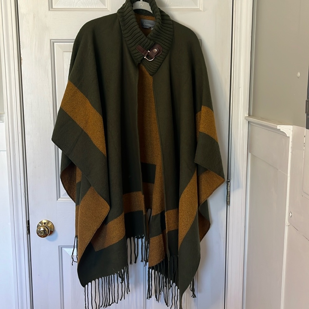 Anthropologie Green and Gold Funnel Neck Fringe Cape